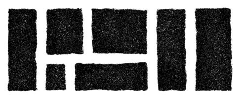 Black grunge rectangles and squares with rough grain texture on transparent background. Crayon drawn abstract shapes, sketchy text boxes, organic frames for speech bubbles or design accents vector