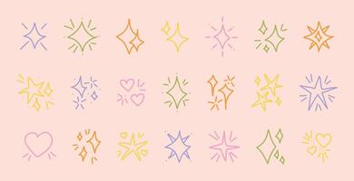 Colorful doodle sparkle icons set on pastel background with stars hearts bursts hand drawn children sketch elements for cute decoration planner sticker digital scrapbooking design print project vector