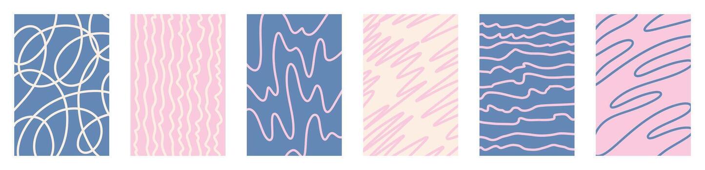 Pink blue hand drawn child doodle abstract pattern set. Wavy squiggle lines, funky scribbles, distorted stripes, retro curves, playful chaos, fun scribbled sketch elements, creative art design vector