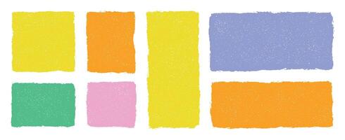 Colorful grunge rectangles set isolated on transparent background, abstract textured blocks in pastel yellow orange green pink and blue, rough retro style design elements for decoration and layout vector