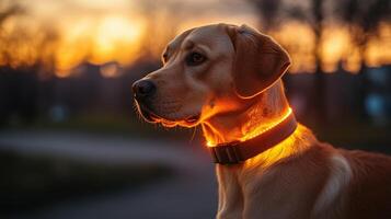 A dog with glowing collar standing in the sun photo