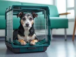 A dog sitting in a green crate photo