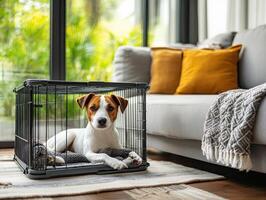 A dog sitting in a cage in front of a couch photo