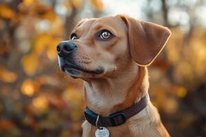 A dog is looking up at the sky in front of autumn leaves photo