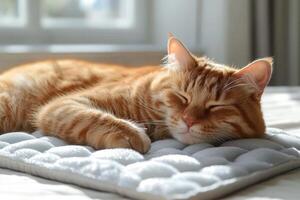 A cat is sleeping on a bed with a pillow photo