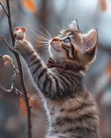 A kitten is reaching up to a branch photo