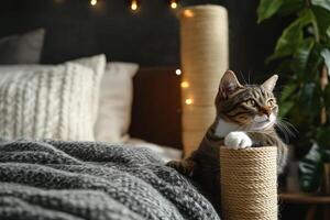 A cat sitting on top of a cat scratching post photo
