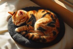 A cat curled up on a bed in front of a window photo