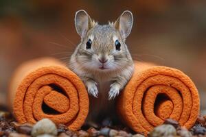 A small mouse sitting on top of two orange towels photo