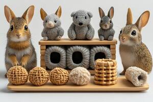A group of small animals are sitting on a wooden tray photo