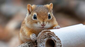 A small chipmunk is holding a roll of toilet paper photo