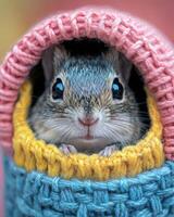 A small mouse is peeking out from inside a knitted blanket photo