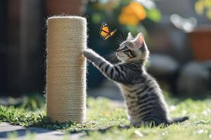 A kitten reaching up to touch a scratching post photo