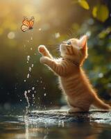 A kitten reaching up to catch a butterfly photo