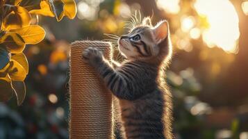 A kitten is reaching up to a tall pole photo