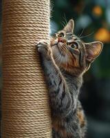 A cat is climbing up a rope to reach the top photo