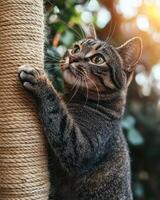 A cat is climbing up a rope to reach a tree photo