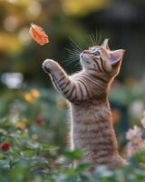 A cat reaching up to catch a feather photo