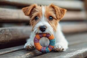 A small dog holding a colorful toy in its mouth photo