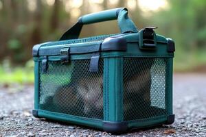 A green mesh bag with a cat inside photo