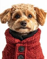 A dog wearing a red sweater and black collar photo