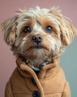 A dog wearing a jacket and tie looking at the camera photo