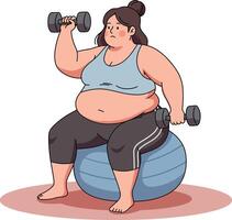 Fat woman exercising with dumbbells on a stability ball vector