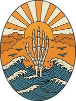 Skeleton Hand Rising From the Ocean with a Retro Sunset vector