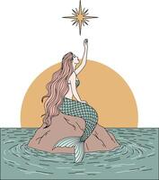 Mermaid reaching for a star during sunset on the ocean vector
