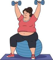 Fat woman working out with dumbbells on a stability ball vector