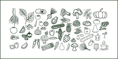 Hand drawn doodle food icons and elements collection featuring various snacks, meals, beverages, fruits, vegetables and kitchen items in sketchy style vector