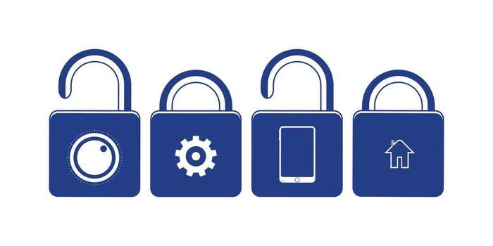Lock icon set in various styles, featuring padlocks, keyholes, shields, and security symbols. Ideal lock set for representing data protection, privacy, encryption vector