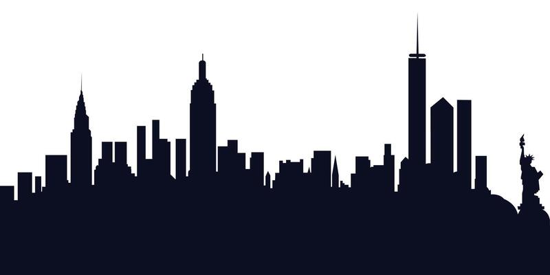 illustration of urban cityscape silhouettes featuring modern black city buildings, skyline designs, and architectural layout on white background