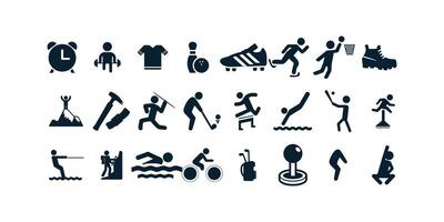 Sport and fitness web icons set in thin line design. Pack of volleyball, pool, diet, scales, pulse, gym, pharmacology, workout, exercise, boxing vector