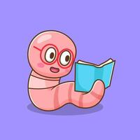 illustration of cute cartoon worm reading book with glasses vector