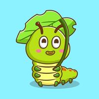 illustration of cute cartoon caterpillar under leaf vector