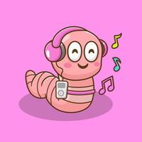 illustration of cute cartoon worm listening music vector