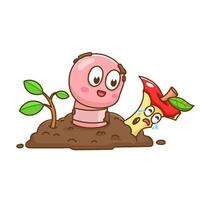 illustration of cute cartoon worm with apple vector