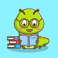illustration of cute cartoon caterpillar reading books vector