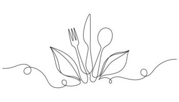 Fork, knife, and spoon with leaf in continuous one line drawing. Minimalist illustration of healthy eating, vegan or organic food concept. Isolated on white background. vector