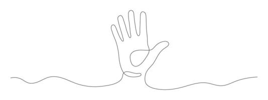 One line drawing of human hand gesture with five fingers. Minimalist waving symbol for hello, stop, greeting, or warning. Dynamic continuous line art. illustration. vector