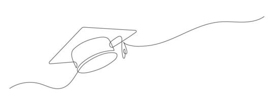 Graduation cap in one continuous line drawing. Minimalist illustration of academic celebration, achievement or education success. Simple linear style, isolated on white background. vector