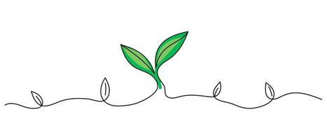 One line drawing of growing sprout with roots. Minimalist silhouette of green plant. Hand-drawn leaf and stem. Eco growth, nature, and sustainability concept. vector