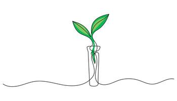 One line drawing of chemical lab flask with sprout. Concept of green science, eco research, biotechnology and sustainable innovation. Minimalist illustration. vector
