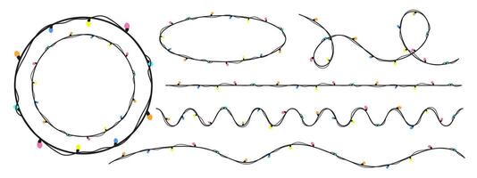 Christmas colorful string lights garlands set. Hand-drawn doodle illustration in flat cartoon style. Perfect for winter, New Year, holiday and birthday event designs. Festive and cheerful. vector