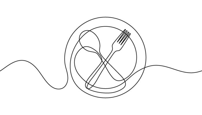 Knife and fork crossed on a plate. Continuous one line drawing. Minimalist food and restaurant concept. Simple black outline isolated on white. illustration.