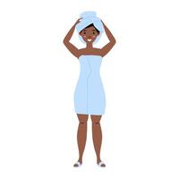 Woman in light blue towel smiling with towel wrapped on her head after shower vector