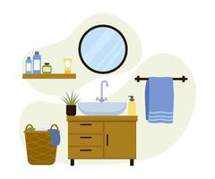 Modern bathroom interior with sink, shelf, and blue towel in minimalist design vector