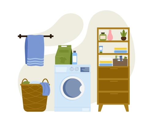 Modern laundry room setup with organized storage and clean appliances
