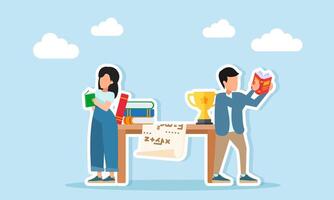 Young man and woman reading books near a table with a stack of books paperwork and a trophy illustration of continuously gaining knowledge and literacy to maintain achievement vector